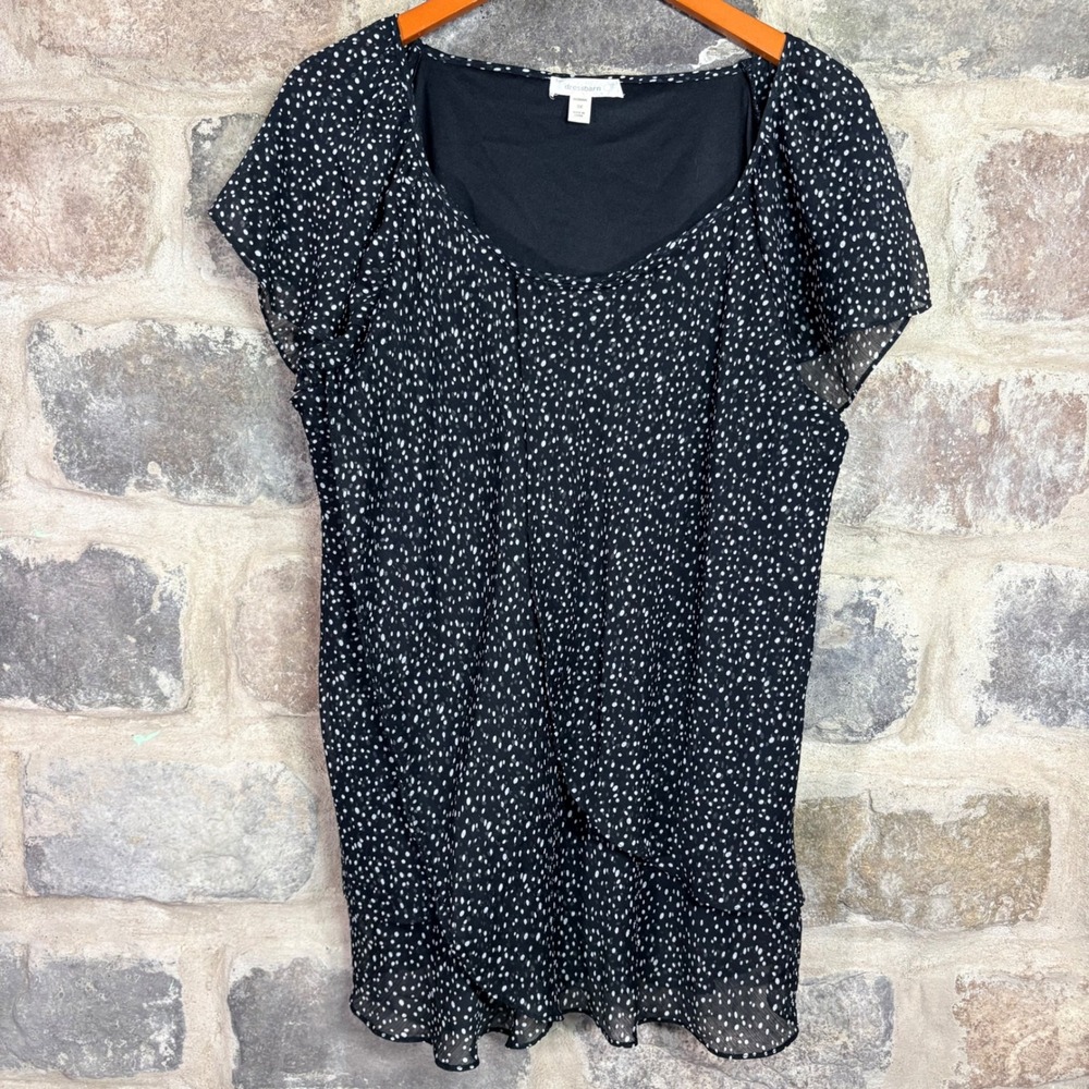 Dressbarn Women's 3X Black White Polka Dot Chiffon Blouse Short Sleeve Flowy